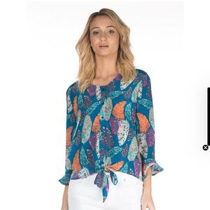 Tolani x Nicky Hilton  Silk Colorful Feather Print Blouse